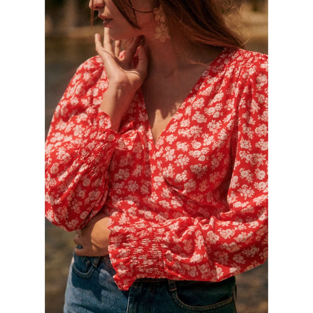 Sezane Red Floral Long-Sleeve V-Neck Blouse - Picture 5 of 6